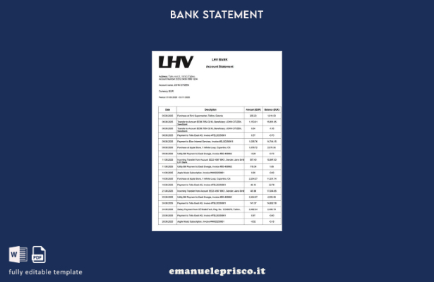 modello word dell'estratto conto bancario LHV dell'Estonia in stile verificato
